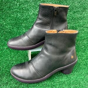 Art Company 1442 Black Leather‎ Purple Sole Ankle Boots Women 37 Zip Up Heel